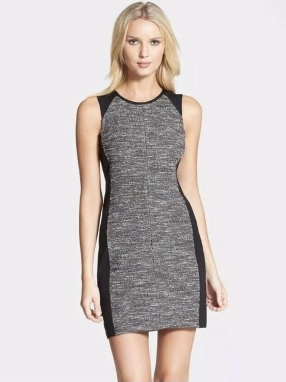 Eileen Fisher Tweed Sheath Dress Gray Black Sleeveless Stretch Small
